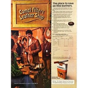 Camel Cigarettes "Leather Shop: Place to Save on Leather" Vintage Print Ad 1975